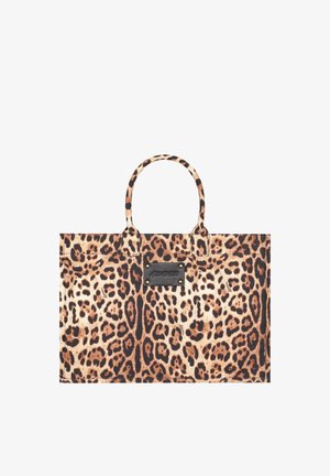 Borsa a tracolla rettangolare con motivo leopardato, due manici e una toppa nera rettangolare con il logo "GIVENESS" sulla parte anteriore.