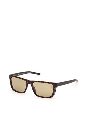 Rechteckige Sonnenbrille mit Schildpatt-Muster, hellbraunen hydrophoben Gläsern und dünnen Bügeln, die mit dem Timberland-Logo graviert sind.