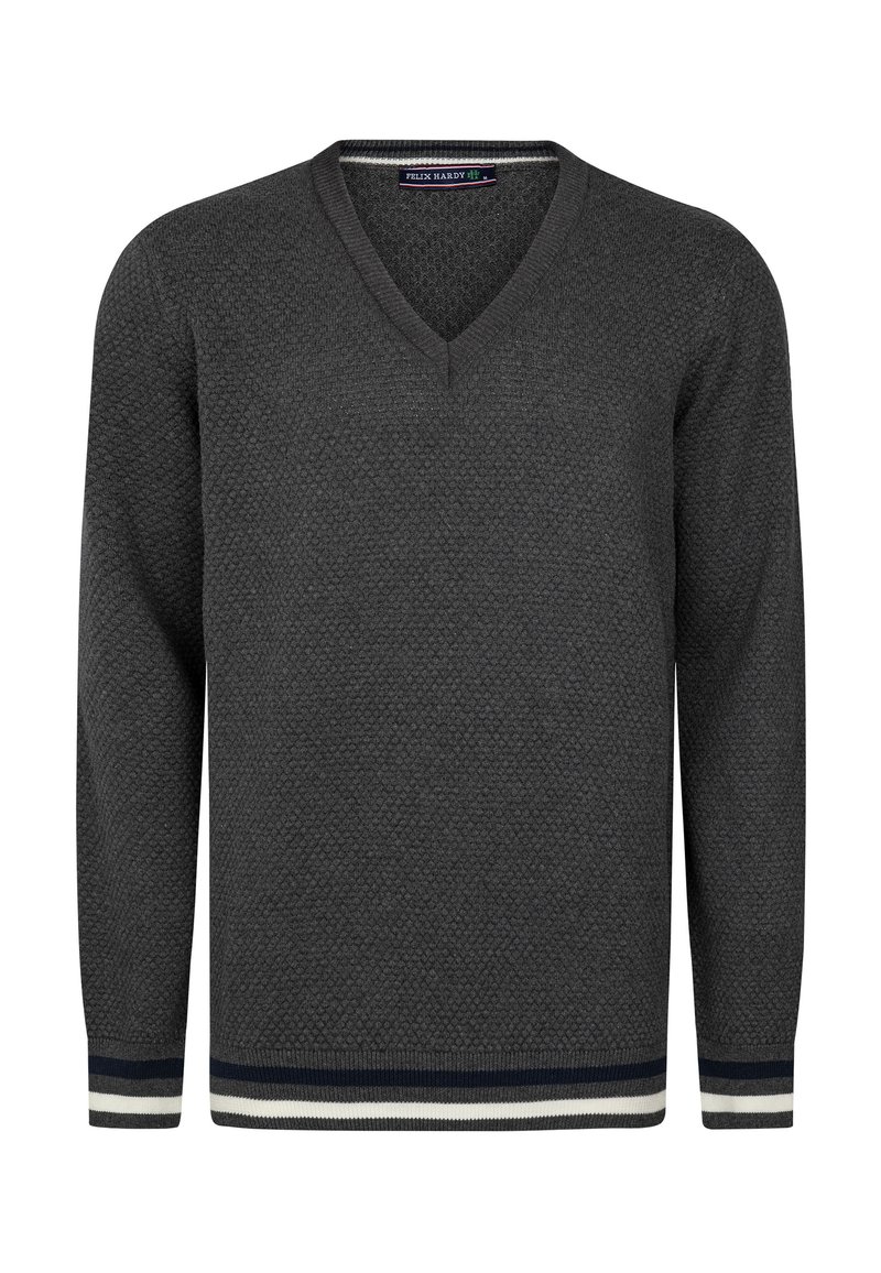 Suéter gris de cuello en V con una superficie texturizada, que presenta puños a rayas en contraste en azul marino y blanco. Corte relajado con mangas largas.