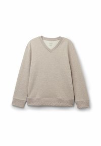 Lichtbeige sweatshirt met lange mouwen en V-hals, met gewatteerde manchetten en een golvende rand. Gemaakt van zachte stof en met een relaxte pasvorm.