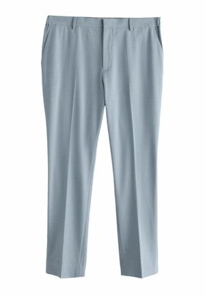 Light blue tailored men's trousers with front pockets, belt loops, and a pressed crease down each leg.
