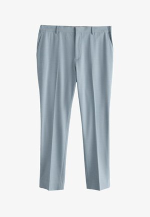 Light blue tailored men's trousers with front pockets, belt loops, and a pressed crease down each leg.