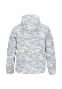 Grå camouflagejakke med hætte, der har et pixelmønster, lange ærmer og en glat stofstruktur. Vist fra bagved.