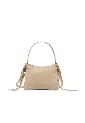Borsa a tracolla in pelle beige con manico corto, tracolla lunga regolabile, chiusura con zip e logo discreto al centro frontale.