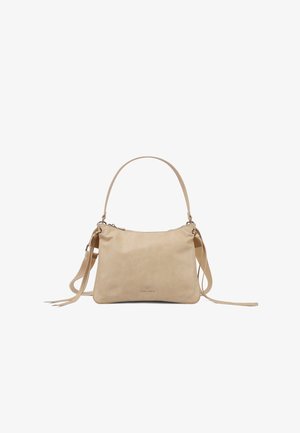Borsa a tracolla in pelle beige con manico corto, tracolla lunga regolabile, chiusura con zip e logo discreto al centro frontale.