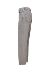 Jeans in denim grigio con un design a gamba dritta, disposizione a cinque tasche e cuciture visibili. Il tessuto ha una consistenza liscia e una finitura leggermente sbiadita.