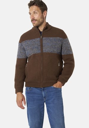Mann trägt einen braunen Strickpullover mit Reißverschluss und einem grau-blauen horizontalen Muster über der Brust sowie blaue Jeans, steht mit einer Hand in der Tasche.