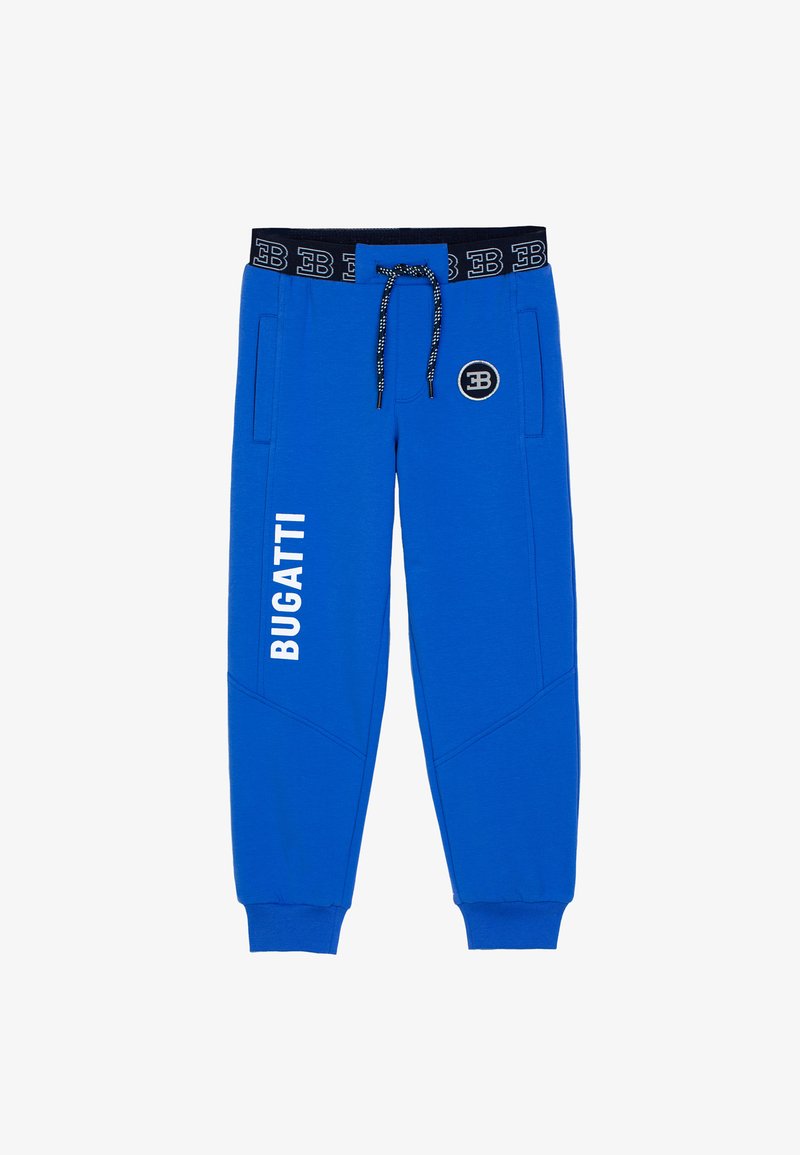 Blaue Sweatpants mit einem Kordelzugbund, seitlichen Taschen und schmal zulaufenden Beinen. Mit einem schwarzen Bund und "BUGATTI" in Weiß bedruckt.