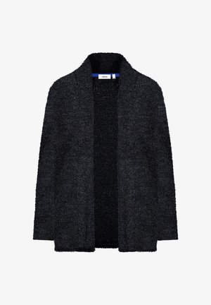 Schwarze, flauschige Strickjacke mit offenem Vorderteil, breitem Kragen und lockerer Passform. Hergestellt aus weichem, strukturiertem Stoff, der durchgehend einfarbig ist.