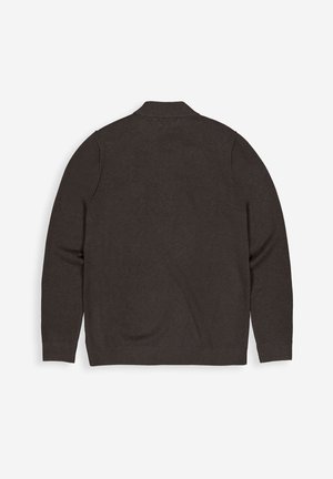 Donkerbruine gebreide cardigan met een geribde halslijn en zoom. Heeft lange mouwen en een gladde textuur, ontworpen voor een ontspannen pasvorm.