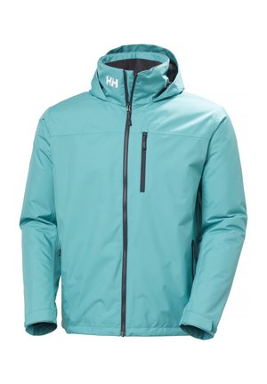 Light blue waterproof jacket with hood, front zipper, chest zip pocket, and Helly Hansen logo on the collar.