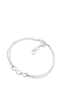 Hopeinen rannekoru, jossa äärettömyysmerkki ja sydänriipus, yhdistetty hienoilla ketjun osilla, joissa on hummeriklipsi ja säädettävä pituus.