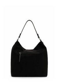 Black suede hobo bag with a structured shape, single shoulder strap, and a front zipper pocket. Features soft texture and minimalistic design.