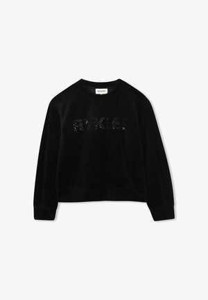 Felpa nera in velluto con scollo rotondo, maniche lunghe e logo "RYKIEL" testurizzato decorato con paillettes.