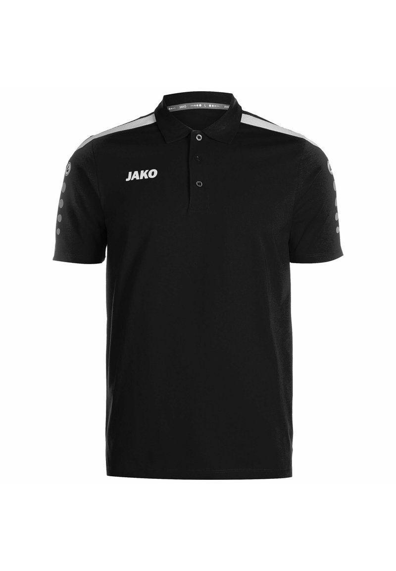 Polo noir avec col, trois boutons et manches courtes. Présente un logo "JAKO" blanc et des accents gris sur les épaules et les manches.