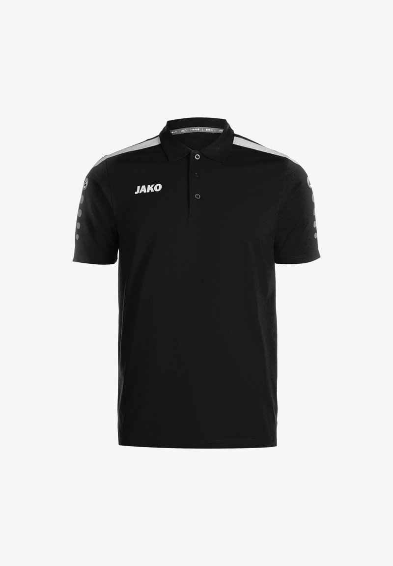 Polo noir avec col, trois boutons et manches courtes. Présente un logo "JAKO" blanc et des accents gris sur les épaules et les manches.
