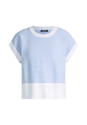 Maglia a maniche corte con righe orizzontali azzurre e bianche, colletto, polsini e orlo bianchi a coste.