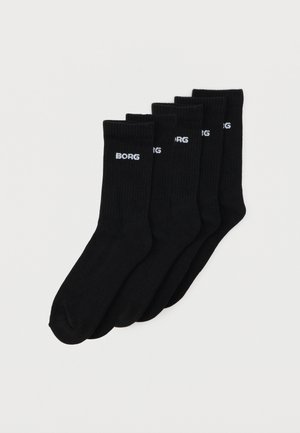 Cinq paires de chaussettes noires montantes avec des bords côtelés et le texte blanc « BORG » sur la partie supérieure, disposées en chevauchement sur un fond blanc.