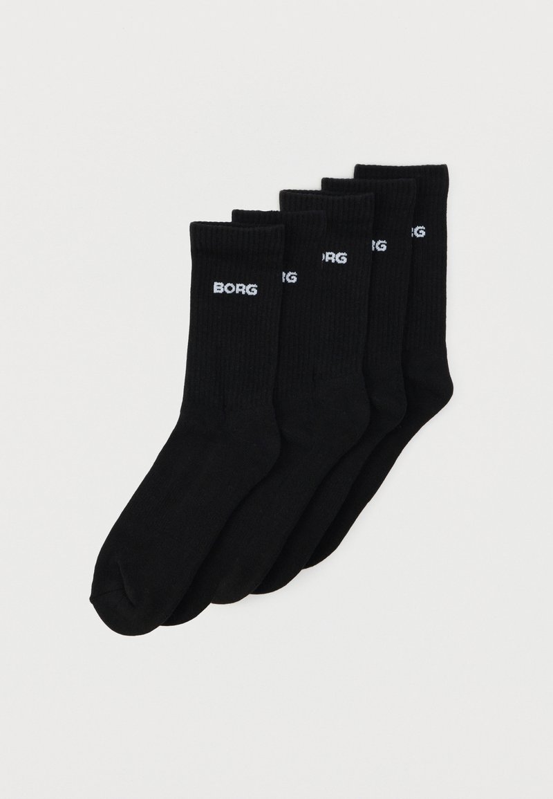 Five pairs of black crew socks with ribbed cuffs and white "BORG" text on the upper part, arranged overlapping on a white background.