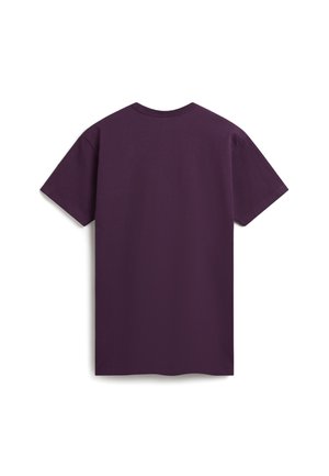 T-shirt di cotone viola con scollo rotondo e maniche corte, caratterizzato da un design semplice e una vestibilità comoda. Visibile la vista posteriore.