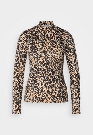 Langärmliges Oberteil mit Leopardenmuster in Tan und Schwarz, mit einem Stehkragen und figurbetontem Design sowie einer glatten Textur.