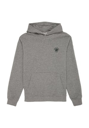 Szara bluza z kapturem z długim rękawem, z kieszenią z przodu, małym czarnym logo na lewej piersi i kapturem bez sznureczków.