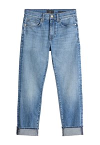 Ljusblå denimjeans med rak passform, uppvikta fållar och traditionell femficksdesign. Har guldfärgade detaljer och en mjuk textur.