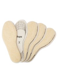 Felt insoles stacked together, beige color with a soft texture. Each insole features cut lines for customizable sizing.