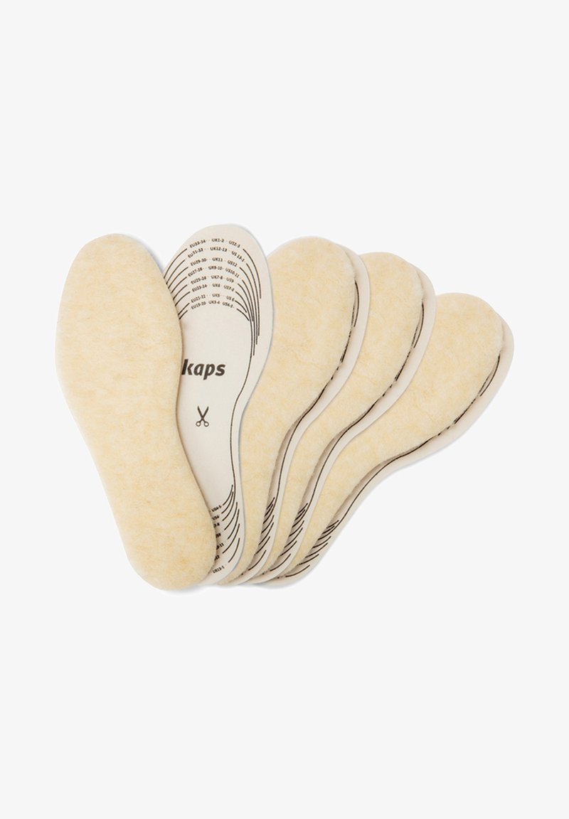 Felt insoles stacked together, beige color with a soft texture. Each insole features cut lines for customizable sizing.