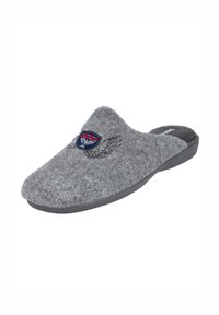 Zapatilla de casa gris con forma redondeada, parte superior de tela y suela de goma. Presenta un emblema bordado con alas y acentos de color.