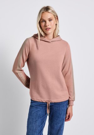 Rosa hoodie med dragsko, långa ärmar och sidostrecken i en ljusare färg. Mjukt tyg med en avslappnad passform. Matchas med blåjeans.
