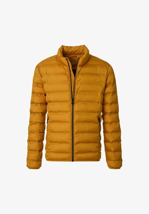 Gepolsterte gelbe Jacke mit hohem Kragen, Frontreißverschluss, zwei Seitentaschen und vertikalem Steppmuster. Glattes, leichtes Material.