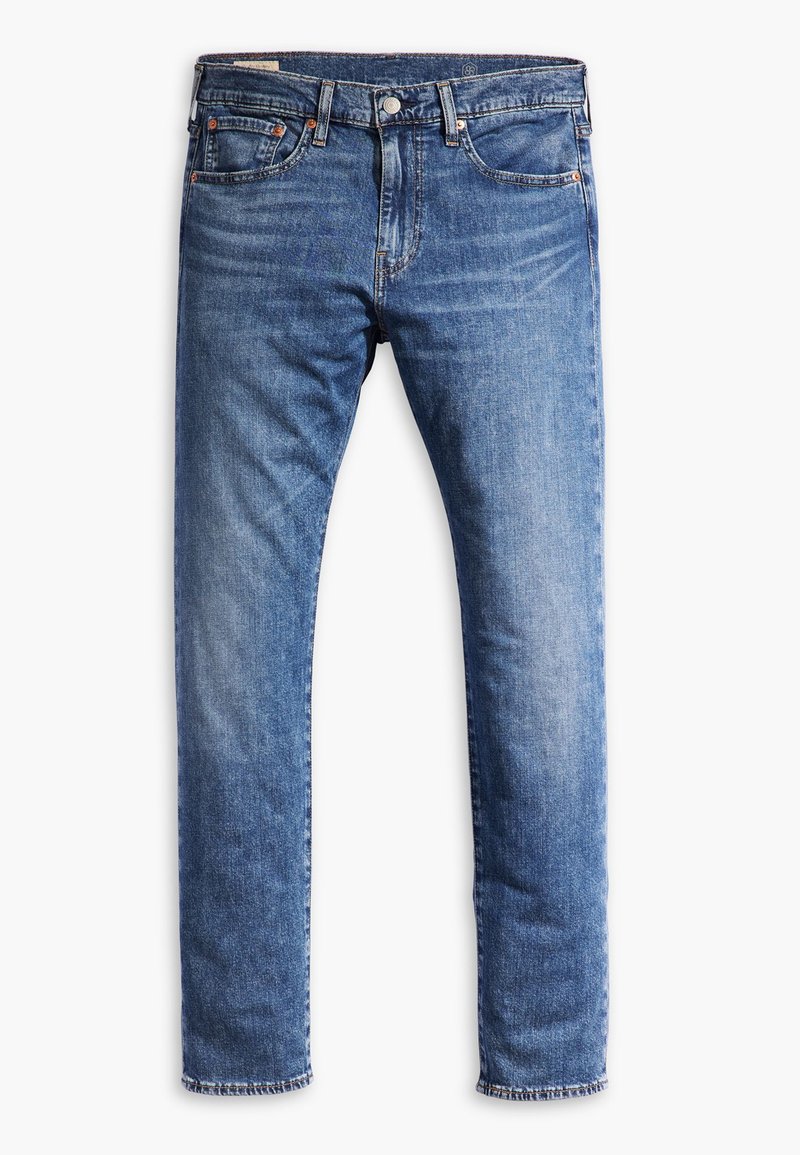 Schmal geschnittene blaue Jeans aus Denim mit glatter Textur, fünf Taschen, metallischem Knopfverschluss und nahtlosem Saum. Leicht ausgeblichen ohne sichtbare Muster.