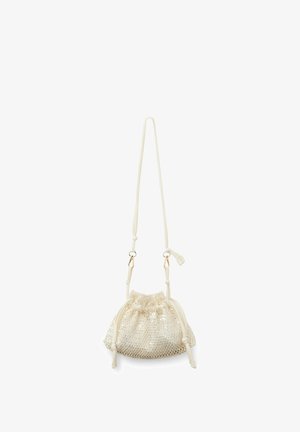 Petit sac bourse crème avec sequins, bandoulière réglable et fermoirs métalliques dorés.