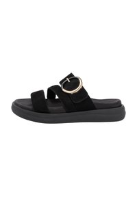 Black suede slide sandal featuring two wide straps and a decorative circular metal accent on the upper. Chunky black rubber sole.