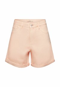 Shorts de mezclilla color durazno con cintura alta, dobladillos enrollados y diseño de cinco bolsillos. Presentan un cierre frontal con botón y presillas para cinturón.