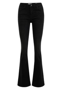 Pantaloni a zampa in denim nero con vita aderente, design a vita alta e sfumature discrete. Presentano una chiusura frontale con bottoni e il classico stile a cinque tasche.