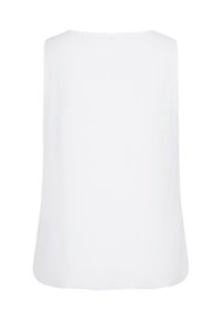 White sleeveless top with a round neckline, loose fit, and smooth texture. The back features a simple, unadorned design.