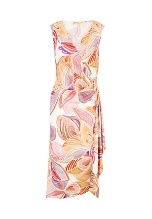 Blumenkleid in Weiß mit großen orange- und pinkfarbigen Blattmustern. V-Ausschnitt, ärmellos, mit seitlichem Bindeband und fließender Silhouette.