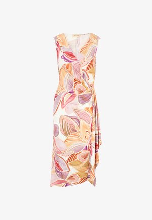 Bloemen-wikkeljurk in het wit, met grote oranje en roze bladvormen. V-halslijn, mouwloos, met een zijstrik en een vloeiende silhouet.