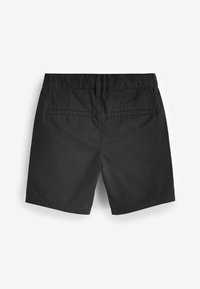 Shorts en coton noir avec une texture lisse, dotés de deux poches arrière et d'une taille plate. Coupe droite sans motif visible.