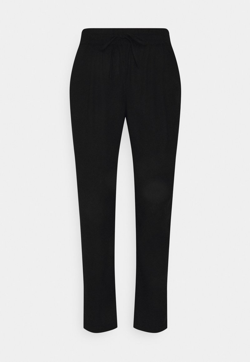Pantalones negros con cintura elástica y cordón ajustable, diseño de pierna recta y textura suave. Sin patrones ni acentos.