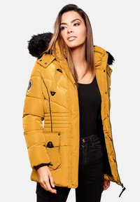 Yellow puffer jacket with a hood featuring black faux fur trim, zip closure, and front pocket. Textured surface with quilted detailing.