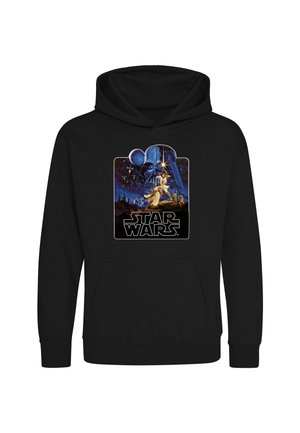Sort hættetrøje med et farverigt Star Wars-grafik med karakterer, rumskibe og Star Wars-logoet foran midt på.
