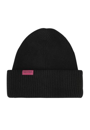 Black ribbed knit beanie featuring a folded cuff and a small pink label with the brand name "NICOWA" on the side.