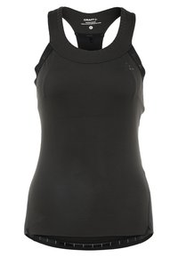 Černý sportovní tílko s ribovanou texturou, kulatým výstřihem a designem s otevřenými zády. Obsahuje decentní branding a přiléhavý siluetu.