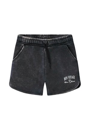 Zwarte shorts met een zachte textuur, elastische tailleband, trekkoord en zijzakken. Voorzien van een witte "BON VOYAGE"-afbeelding aan de voorkant.