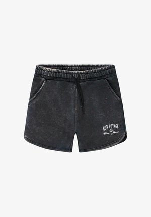 Zwarte shorts met een zachte textuur, elastische tailleband, trekkoord en zijzakken. Voorzien van een witte "BON VOYAGE"-afbeelding aan de voorkant.