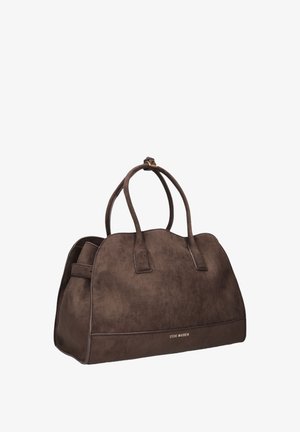 Bruine suède tas met dubbele ronde handvaten, gestructureerde vorm en subtiele gouden hardware-accenten. Bevat een logo op de voorkant.