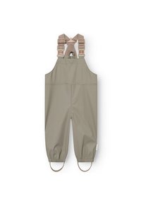 Salopette imperméable vert olive pour enfants avec bretelles beiges ajustables et poignets élastiqués aux chevilles munis de sangles pour les pieds.